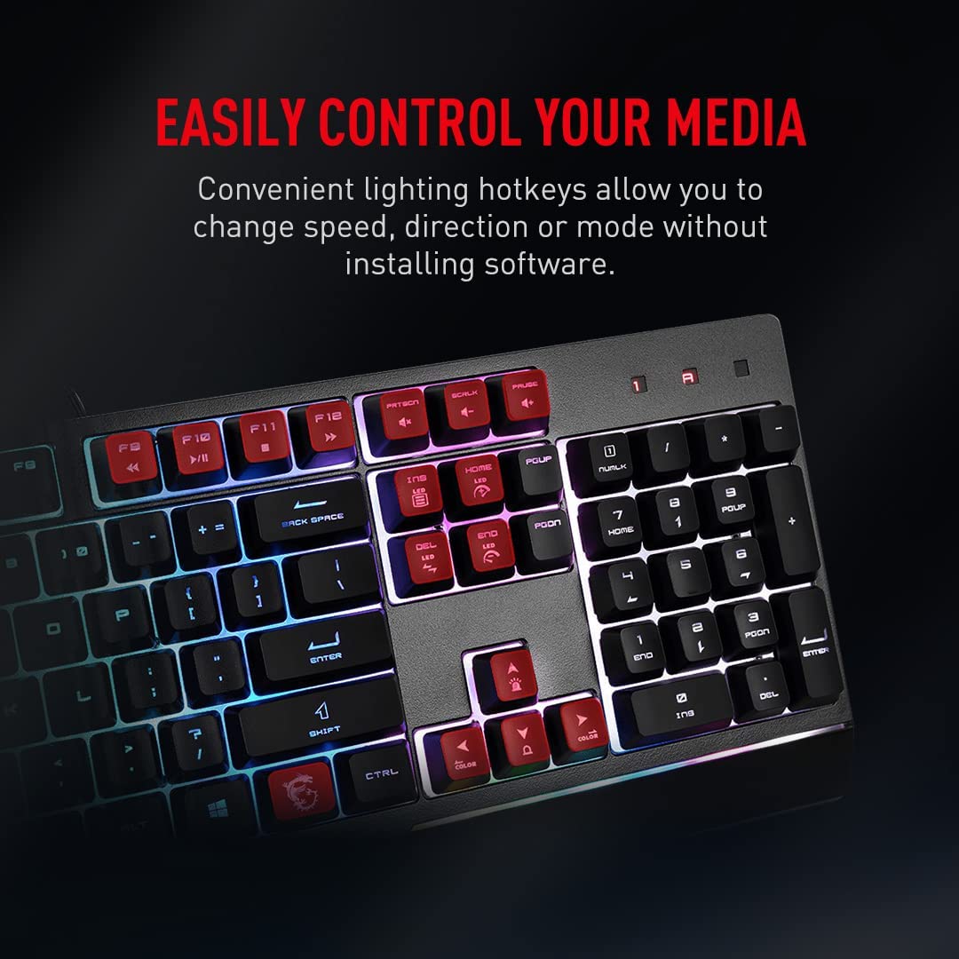 MSI Vigor GK30 RGB Gaming Keyboard, 6-Zone RGB Lighting, Water Repellent & Splash-Proof, Mechanical-Like Plunger Switches
