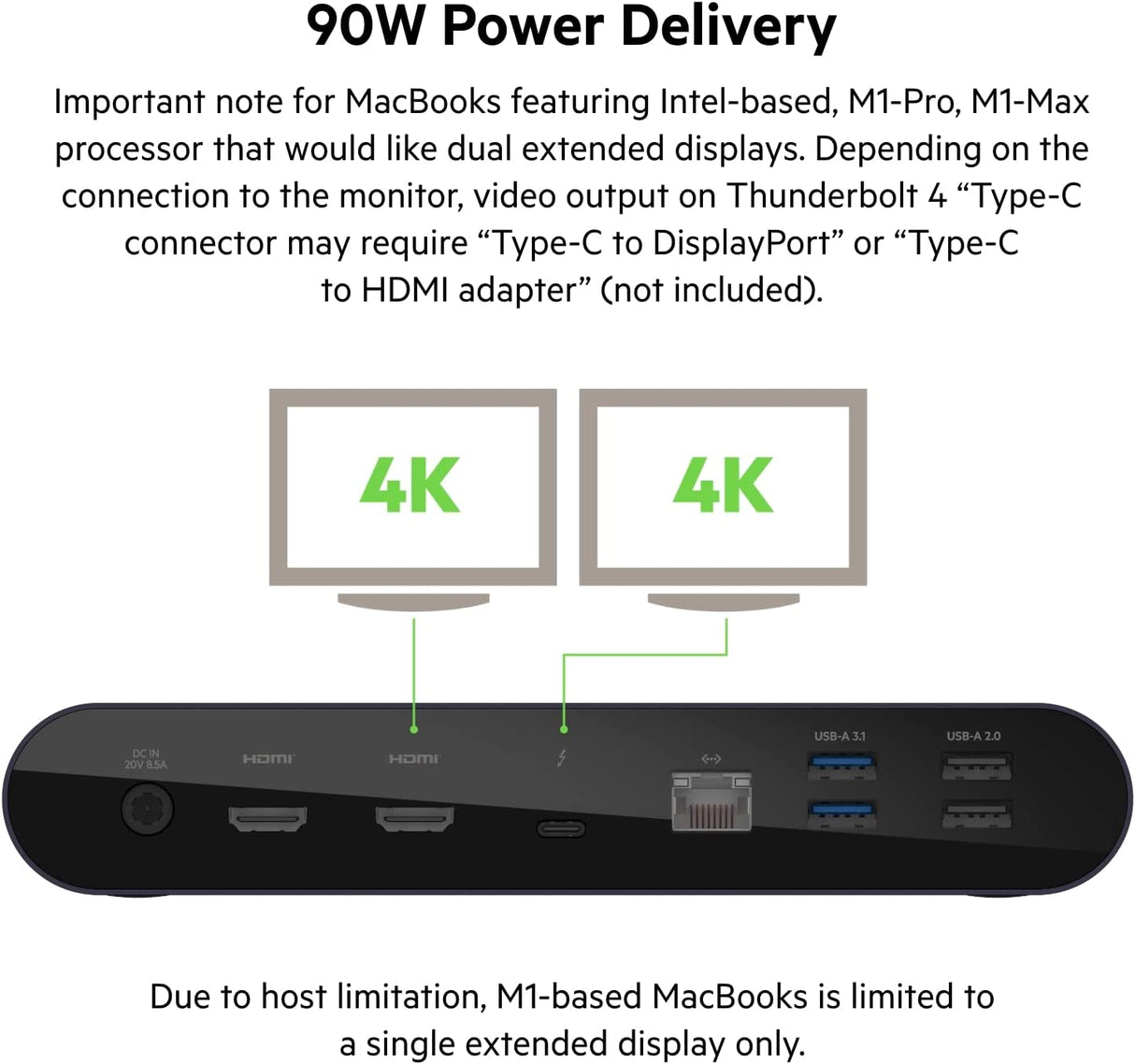 Belkin Thunderbolt 4 Dock Pro, Single 8K @ 60hz, Dual 4K Display Compatible, 2 x Thunderbolt 4 Port, 2 x HDMI Port, 90W Power Delivery PD, Audio in/Out, Compatible with MacBook Pro, XPS, and More
