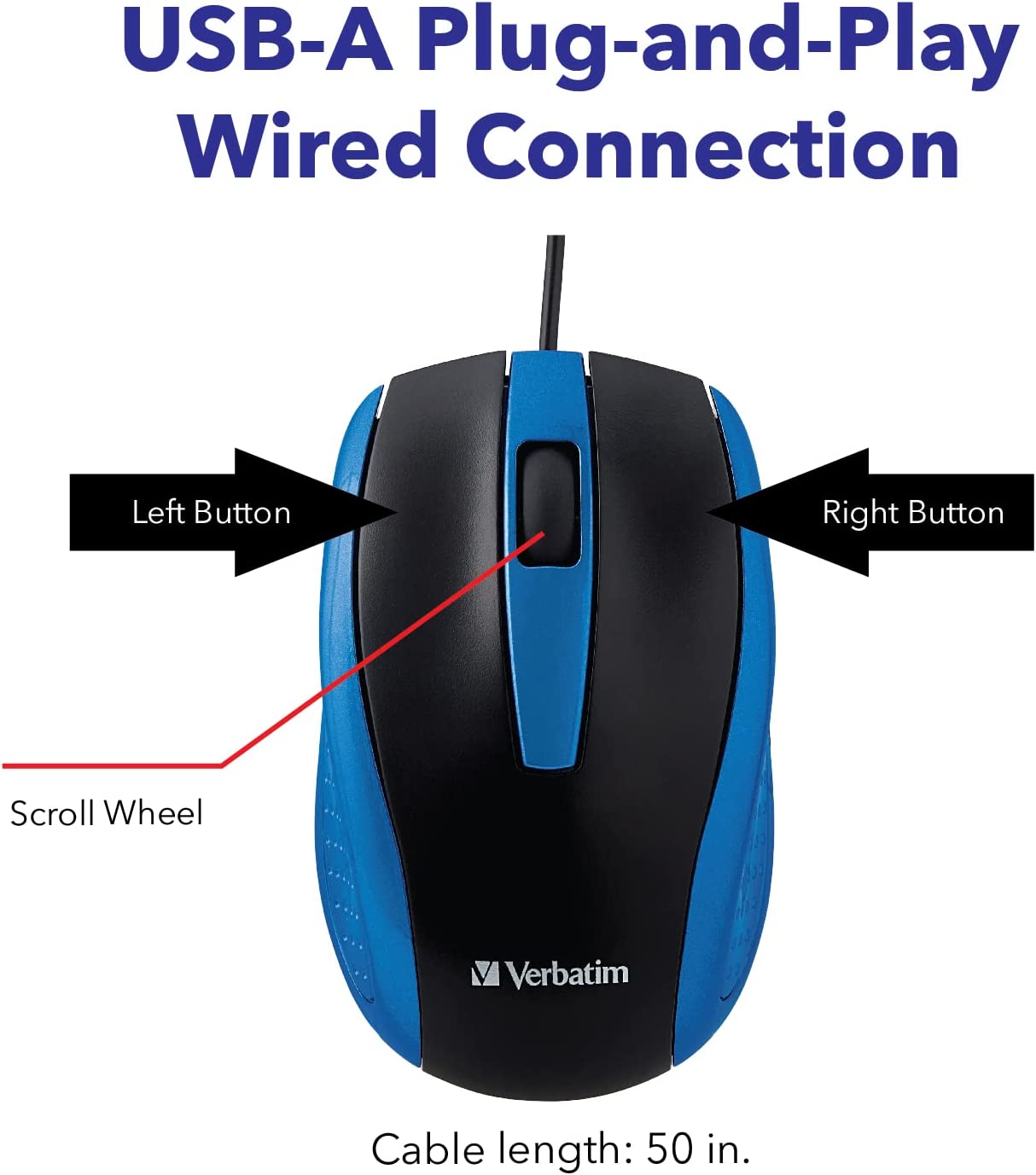 Verbatim Optical Mouse - Wired with USB Accessibility - Mac & PC Compatible - Blue, 1.4" x 2.4" x 3.9"