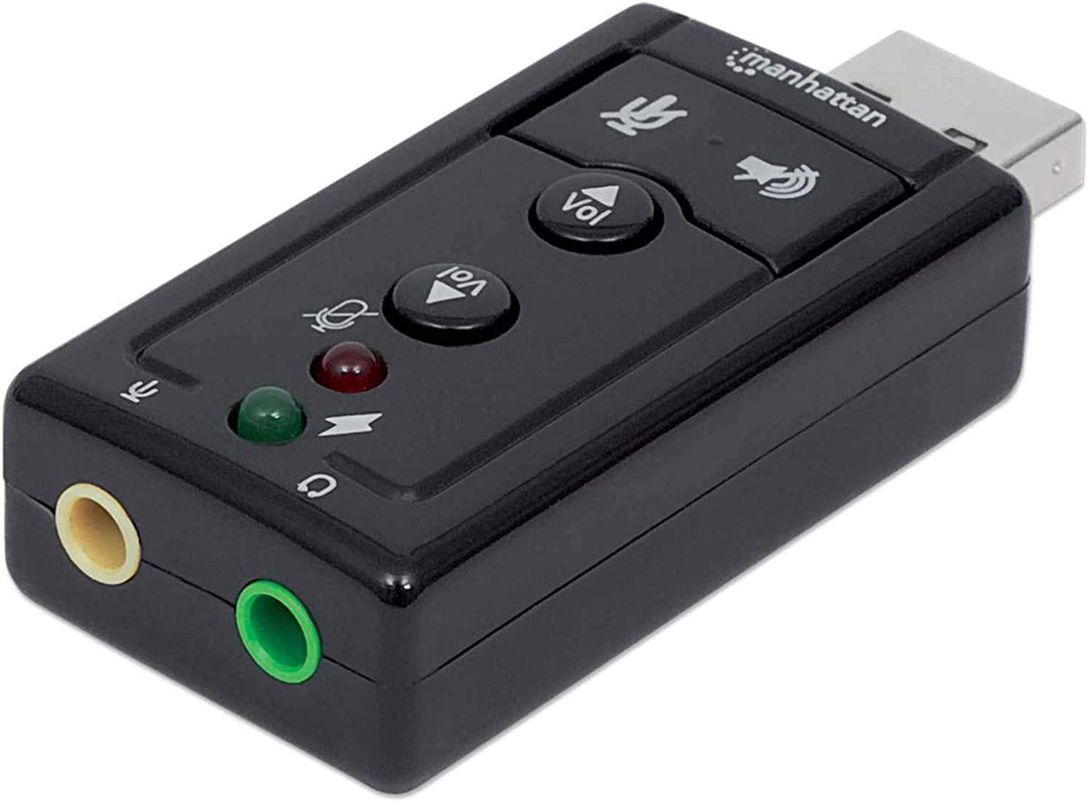 Manhattan Hi-Speed USB 2.0 3D 7.1 Sound Adapter, External Sound Card with 3.5 mm Audio and Microphone Ports, 7.1-Channel Virtual 3D Surround Sound, Internal Amplifier and Volume Controls