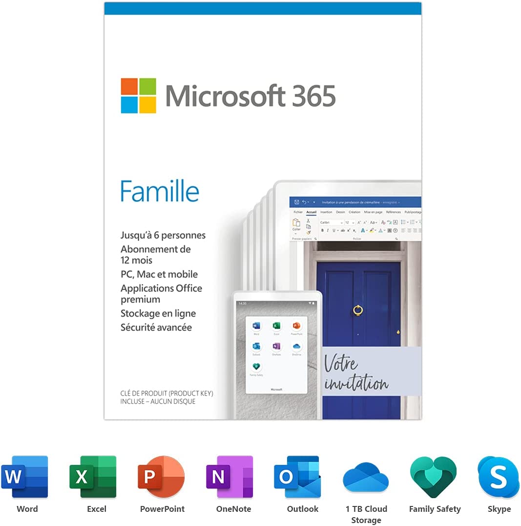 Microsoft 365 Famille | Abonnement de 12 mois, jusqu’à 6 utilisateurs | Applications Office de première qualité | Carte PC/Mac