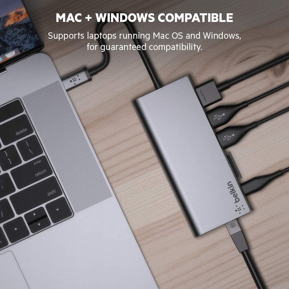 Belkin USB C Hub Multiport Adapter, USB C, 2 USB A, 4K HDMI, 1 Gigabite Ethernet, 1 SD Card, Pass through charging up to 60W with Tethered USB-C Cable, Dock for MacBook Pro, Macbook Air, PC, Windows USB-C Hub Adapter