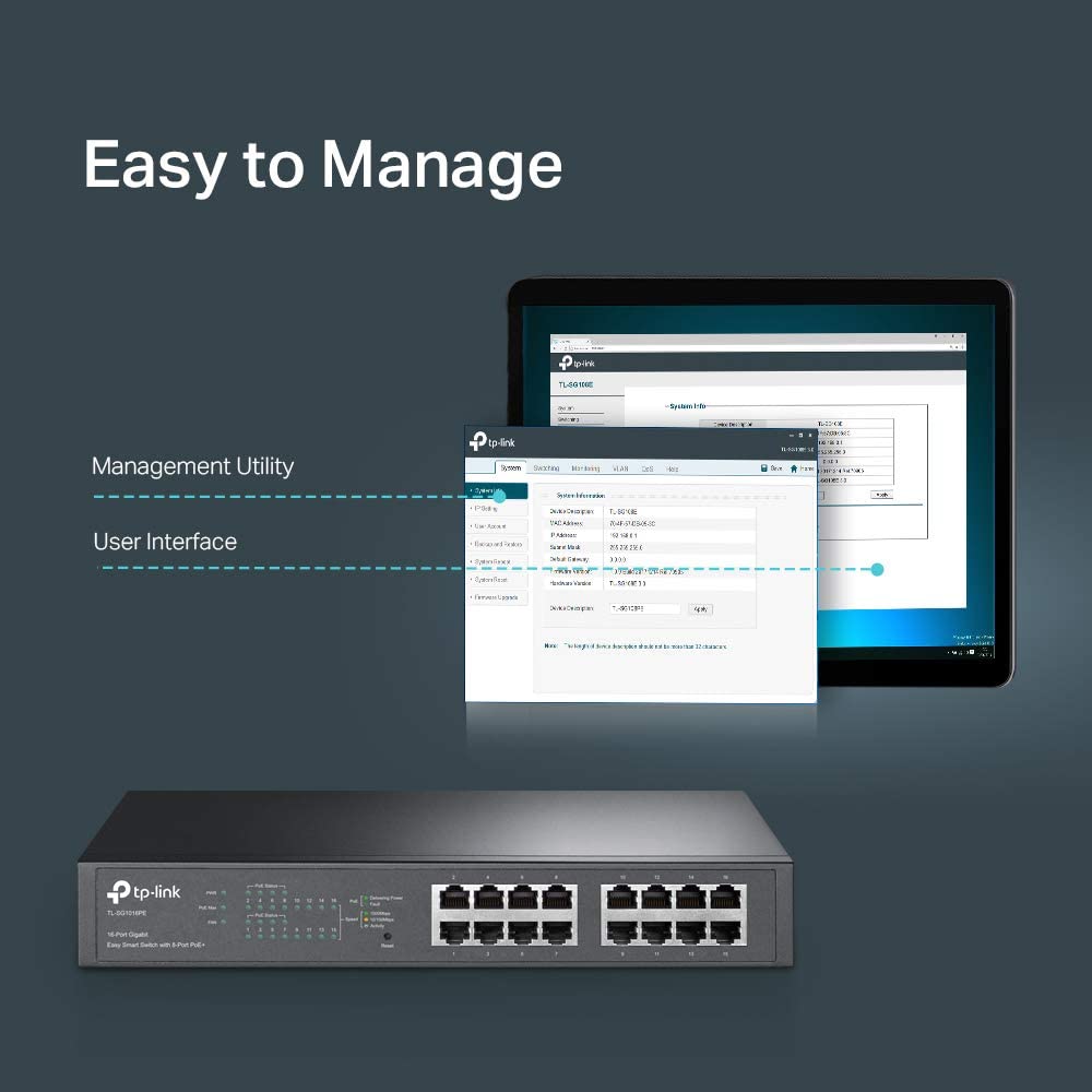 TP-Link TL-SG1016PE V3 , 16 Port Gigabit PoE Switch , Easy Smart Managed , 8 PoE+ Ports @150W , Plug & Play , Sturdy Metal w/ Shielded Ports , QoS, Vlan, IGMP & LAG , Limited Lifetime Protection Easy Smart 16 Port w/8 PoE+ Port