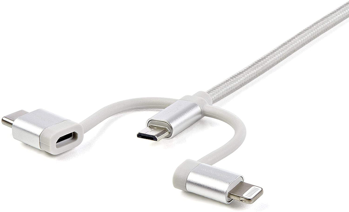 StarTech.com USB Multi Charging Cable - 3.3 ft / 1m - Lightning / USB-C / Micro-USB - Braided - MFi Certified - USB 2.0 - 3 in 1 Charging (LTCUB1MGR) Silver 3.3 ft. / 1 m