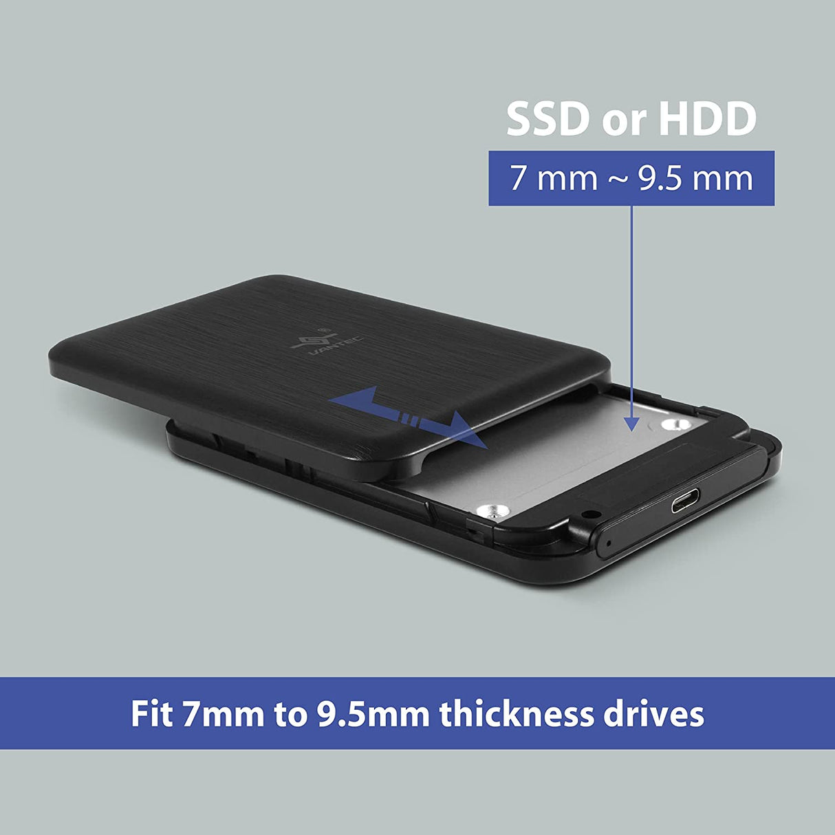 Vantec NexStar JX Series, USB 3.2 Gen2x1 (10Gbps), USB C, 2.5" SATA Drive Enclosure for 9.5mm & 7mm SSD/HDD (NST-258S3-BK)