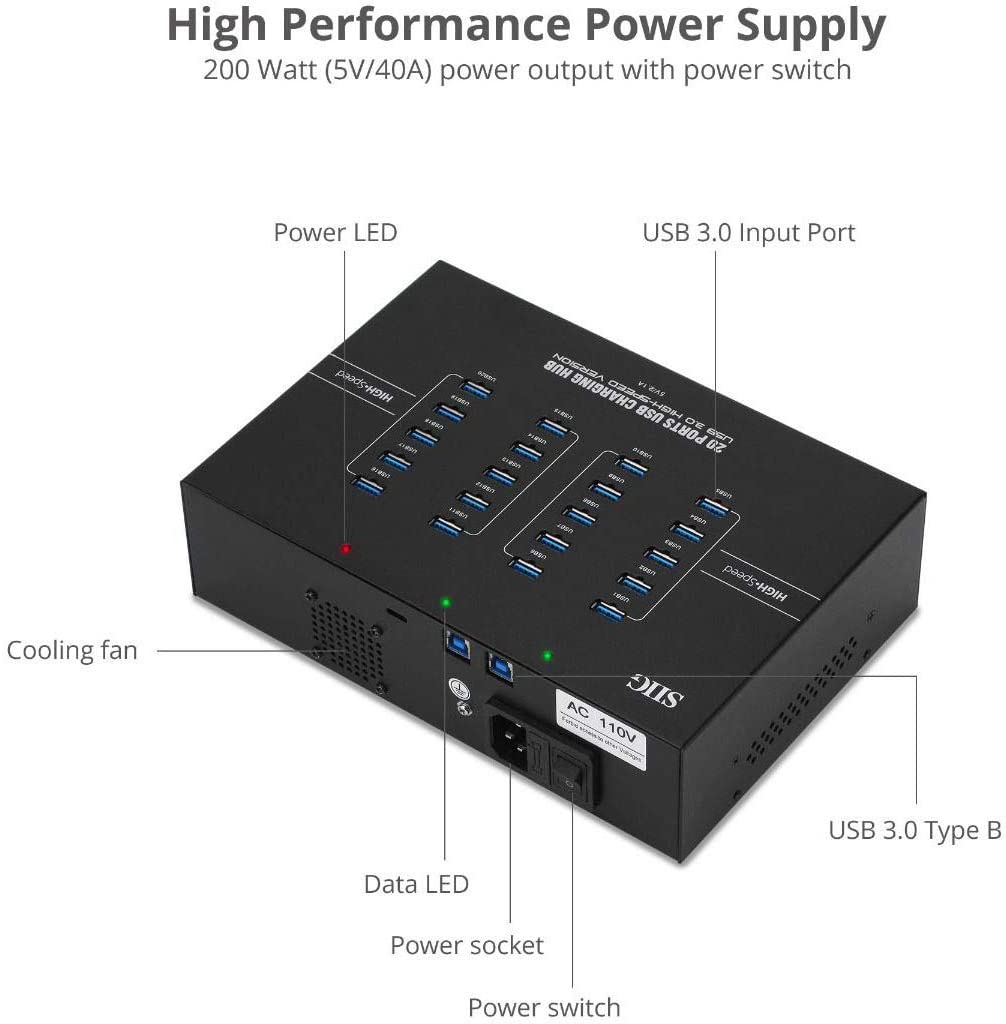 SIIG 20-Port Industrial USB 3.0 Hub with Charging and High Speed Data Transfer Sync (5Gbps) - Includes Sturdy Metal Casing and Cooling Fan (ID-US0611-S1)