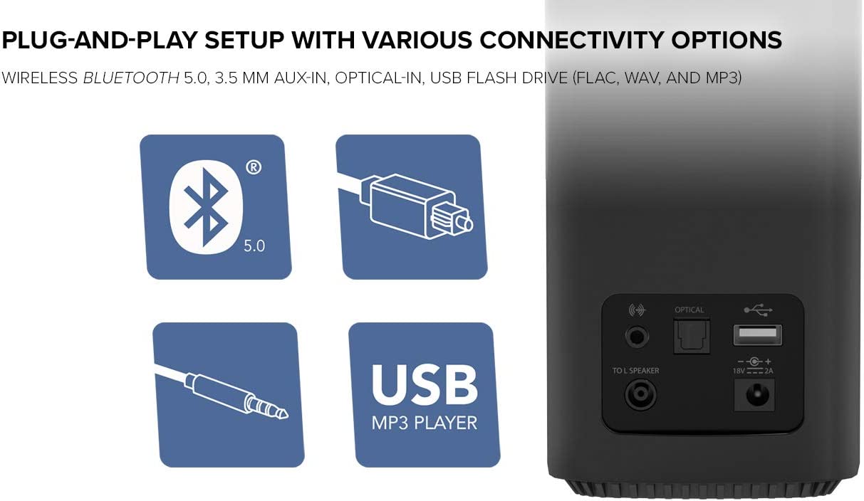 Creative T100-2.0 Compact Hi-Fi Desktop Speakers, up to 80W Peak Power with Bluetooth 5.0, Optical-in, AUX-in, Wide Soundstage and Audio Clarity with Bass Control for Computers and Laptops (Black)