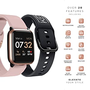 iTouch Kendall + Kylie Smartwatch iPhone and Android Compatible, Pedometer, Walking and Running Tracker for Women and Men (Rose Gold Case and Blush/Black Logo Interchangeable Straps) Rose Gold Case - Blush/Black Logo Straps
