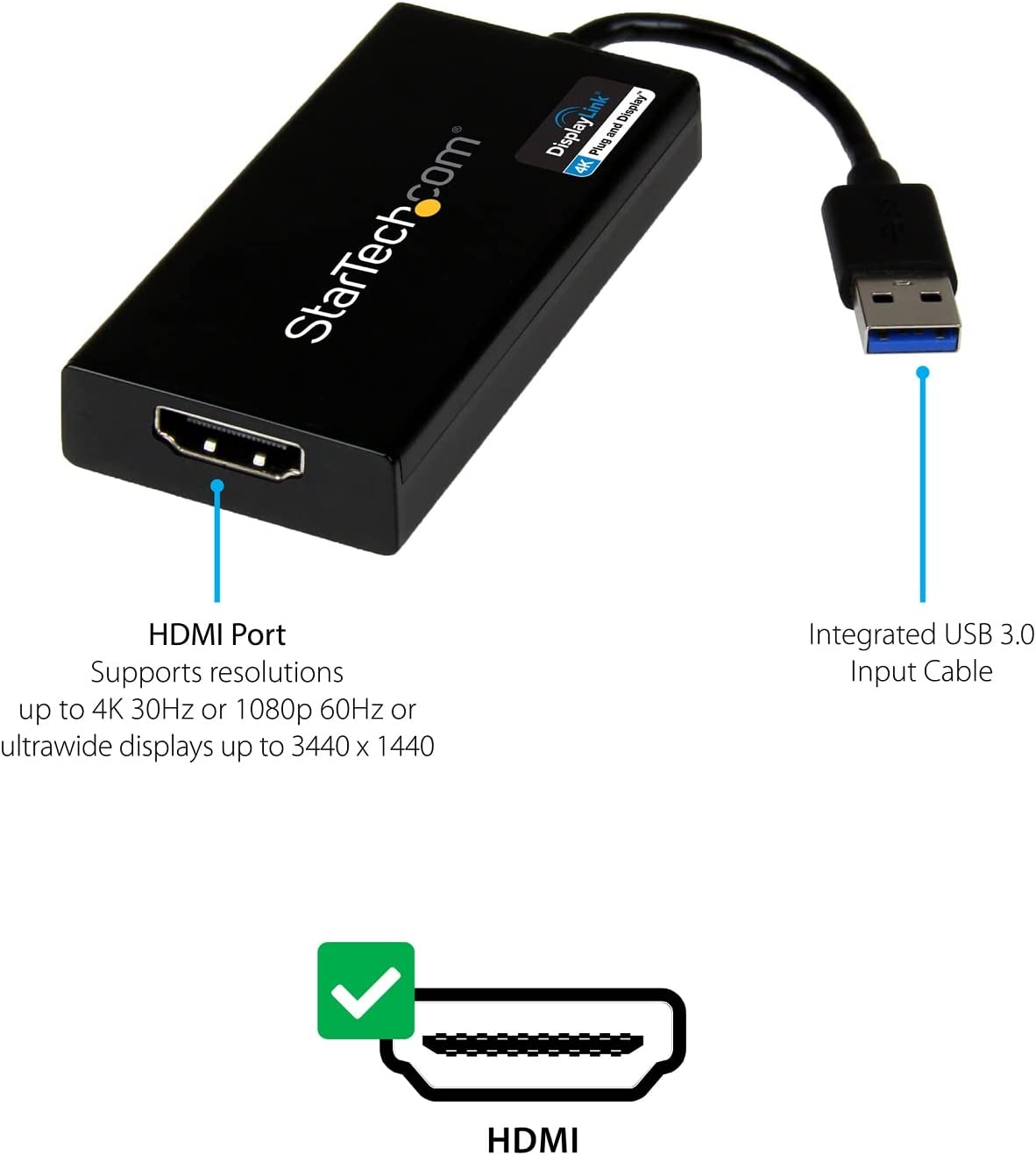 StarTech.com USB 3.0 to HDMI Adapter - 4K 30Hz Ultra HD - DisplayLink Certified - USB Type-A to HDMI Display Adapter Converter for Monitor - External Video & Graphics Card - Mac & Windows (USB32HD4K) USB 3.0 to HDMI 4K (Mac & Win) Adapter