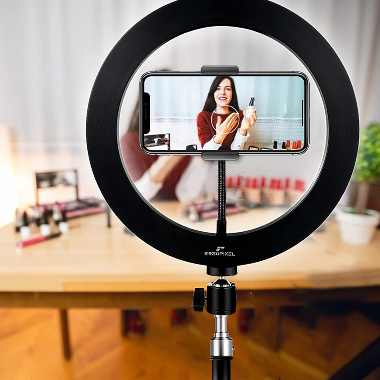 Ergopixel 10" Selfie Ring Light with 86" Adjustable Tripod Stand & Phone Holder for Makeup/Live Stream, Upgraded Dimmable LED Ringlight for Tiktok/YouTube/Zoom Meeting/Photography