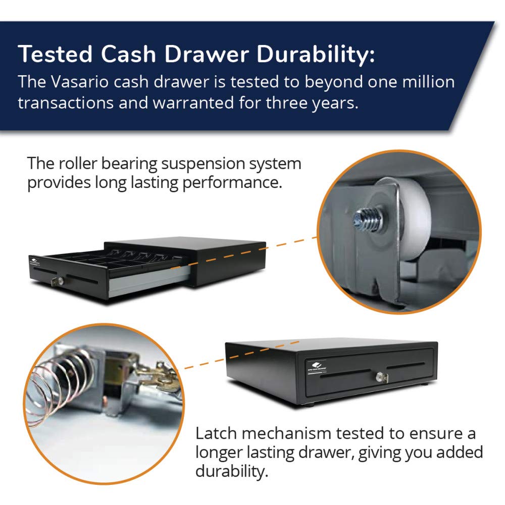 APG Standard- Duty 16” Electronic Point of Sale Cash Drawer | Vasario Series VB320-1-BL1616-B10 | with CD-101A Cable | Printer Compatible | Plastic Till with 5 Bill/ 8 Coin Compartments | Black Printer-Driven 24V (with Cable) - Black 16" - 5x8