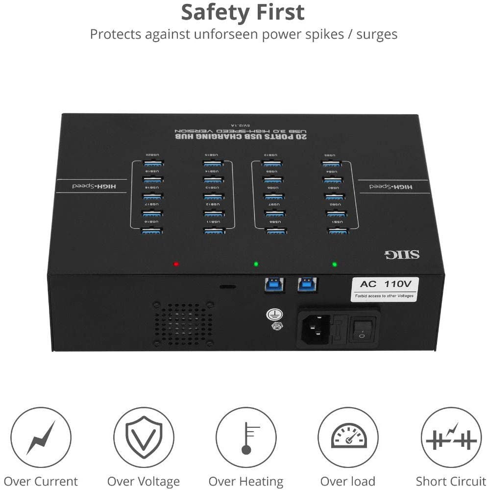 SIIG 20-Port Industrial USB 3.0 Hub with Charging and High Speed Data Transfer Sync (5Gbps) - Includes Sturdy Metal Casing and Cooling Fan (ID-US0611-S1)