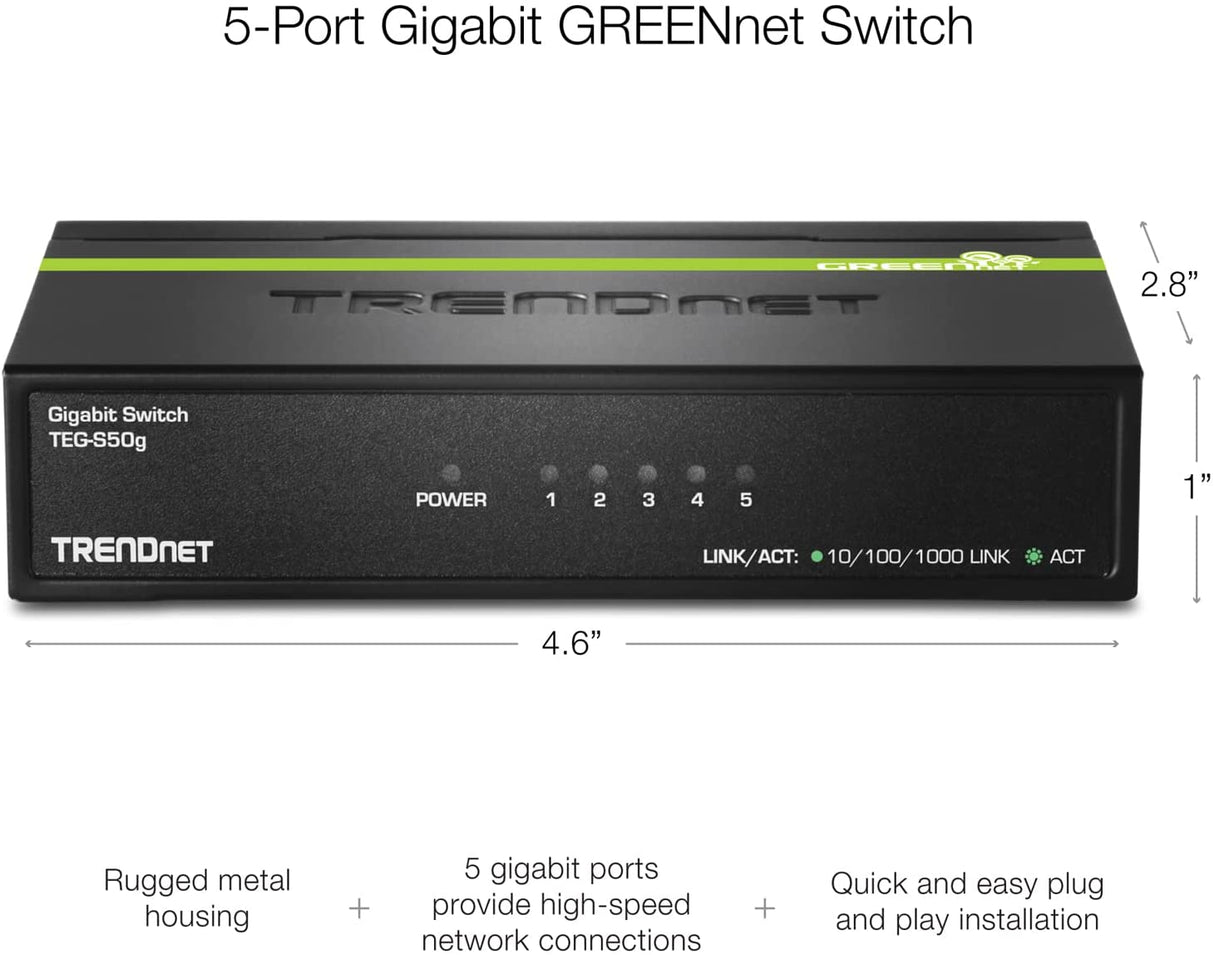 TRENDnet 5-Port Unmanaged Gigabit GREENnet Desktop Metal Switch, Ethernet-Network Switch, 5 x Gigabit Ports, Fanless, 10 Gbps Switching Fabric, Lifetime Protection, Black, TEG-S50g