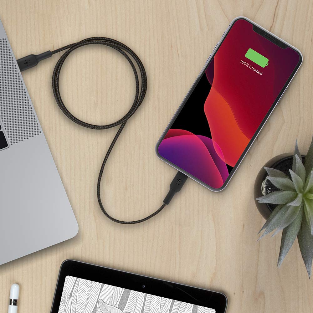Belkin Braided Lightning Cable 6.5ft/2m, Black (CAA002bt2MBK) & Braided USB C to Lightning Cable MFi Certified iPhone Fast Charger Type C 6.6FT/2M (Black) Black 6.6 FT Braided Cable + USB C Lightning Cable