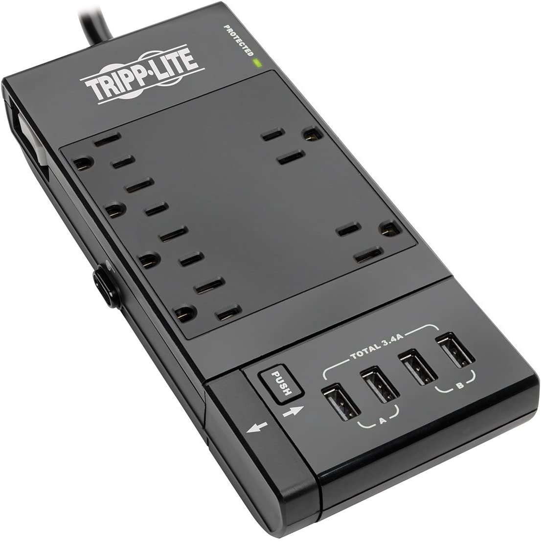 Tripp Lite Surge Protector Power Strip 6-Outlet w/4 USB Charging/Sync Ports, Black, 9.6" x 6.7" x 1.8" (TLP66USBR)