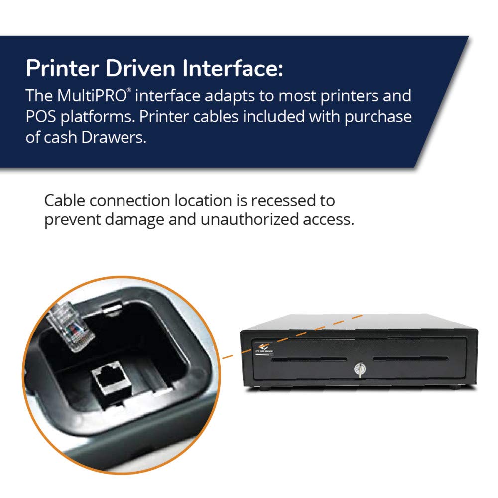 APG Standard- Duty 16” Electronic Point of Sale Cash Drawer | Vasario Series VB320-1-BL1616-B10 | with CD-101A Cable | Printer Compatible | Plastic Till with 5 Bill/ 8 Coin Compartments | Black Printer-Driven 24V (with Cable) - Black 16" - 5x8