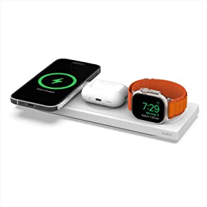 Belkin MagSafe 3-in-1 Wireless Charging Pad - Fast Wireless Charging for Apple Watch, iPhone 14, iPhone 13 & iPhone 12 series, And AirPods - MagSafe Charging Station For Multiple Devices - White White 3 in 1 Pad