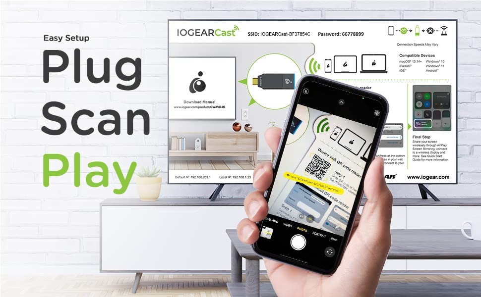 IOGEAR HDMI Wireless Video 4K Screen Sharing Adapter - 4K@30Hz - Wireless 2.4/5GHz w/ WPA-2 Security - Up to 30Ft - Low Latency - Phone/Tablet/PC - Win Mac OS iOS Android Chrome - GWAVR4K