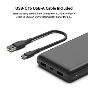 Belkin USB-C Portable Charger 20,000 mAh, 20k Power Bank with USB-C Input Output Port and 2 USB-A Ports with Included USB-C to USB-A Cable for iPhone 14, Galaxy S23, and More - Black Black Charger