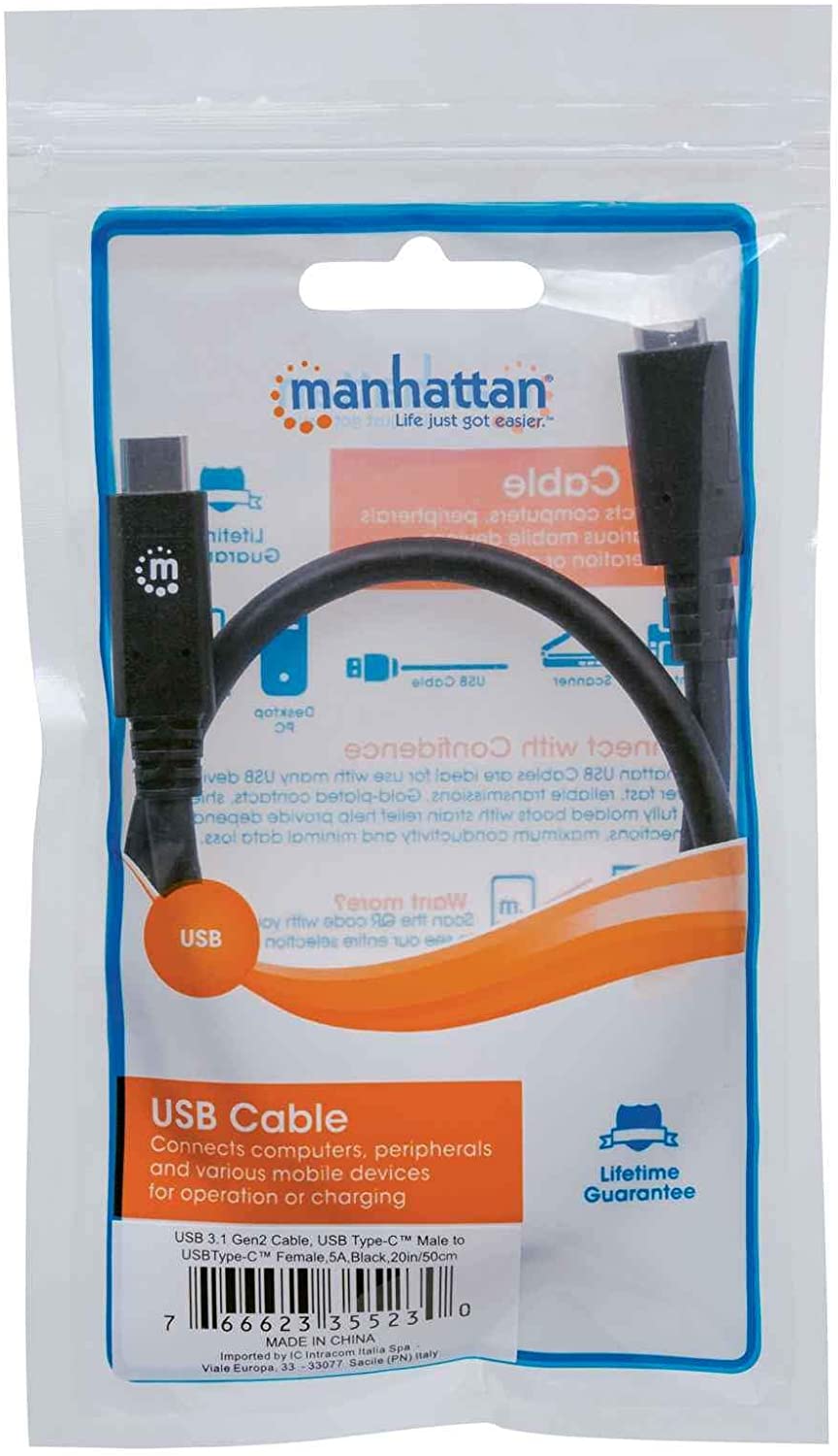 Manhattan Products SuperSpeed+ USB-C Extension Cable, USB 3.1 Gen 2, Type-C Male to Type-C Female, 10 Gbps, 5 A, 50 cm (1.5 ft.), Black Black 50 cm, 10 Gbps (Polybag) USB-C to USB-C Extension Cable