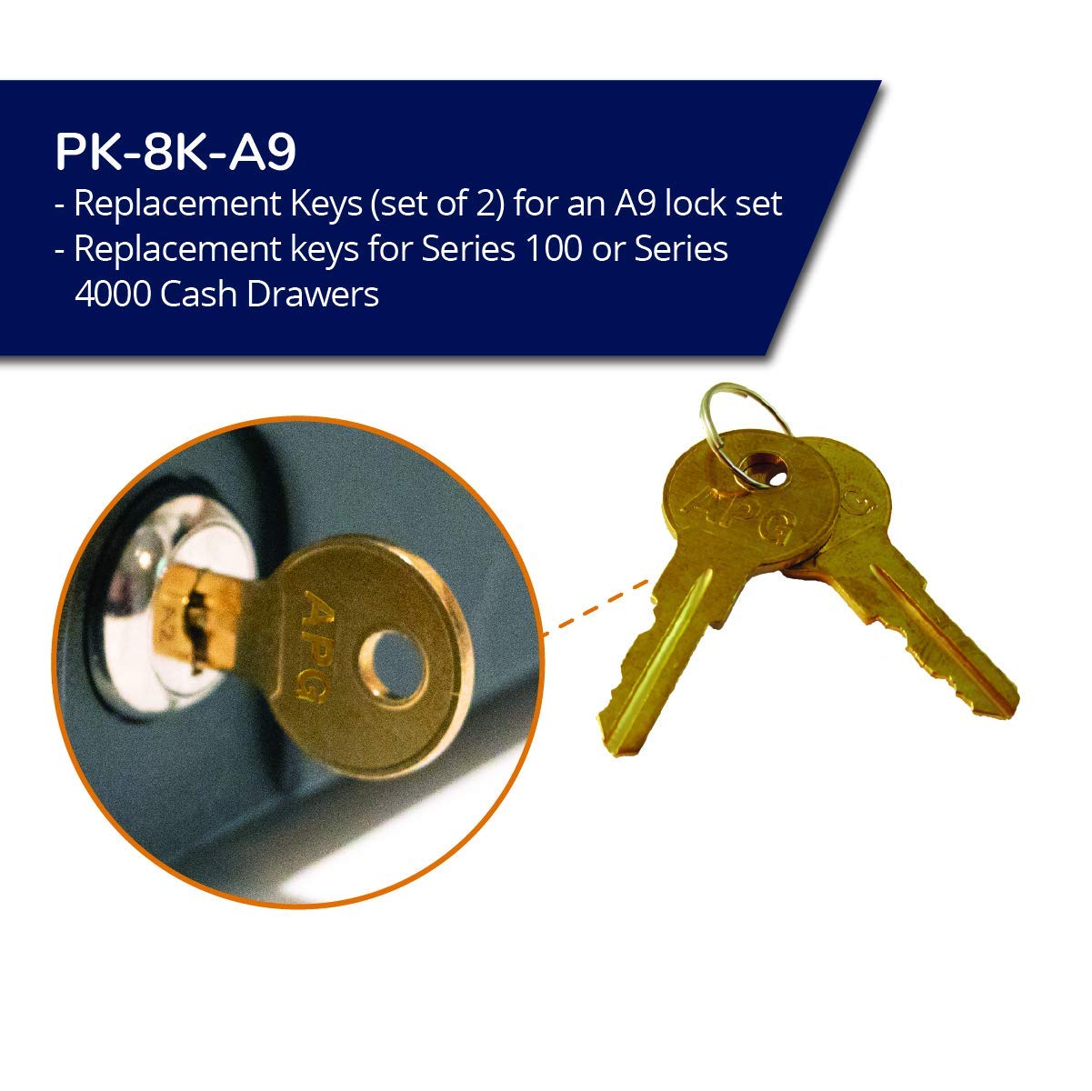APG Cash Drawer Replacement Key Set | Compatible with APG A9 Code Locks | Set of 2 Keys | for APG’s Series 100 and Series 4000 Cash Drawers | PK-8K-A9