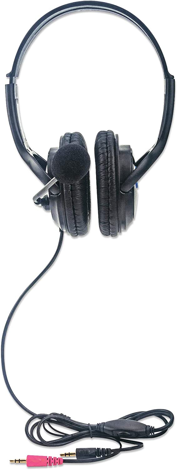Manhattan Stereo Headset — Lightweight Over-Ear Design, 6 ft. (1.8 m) Connecting Cable and Two 3.5 mm Plugs for Audio and Built-in Adjustable Microphone