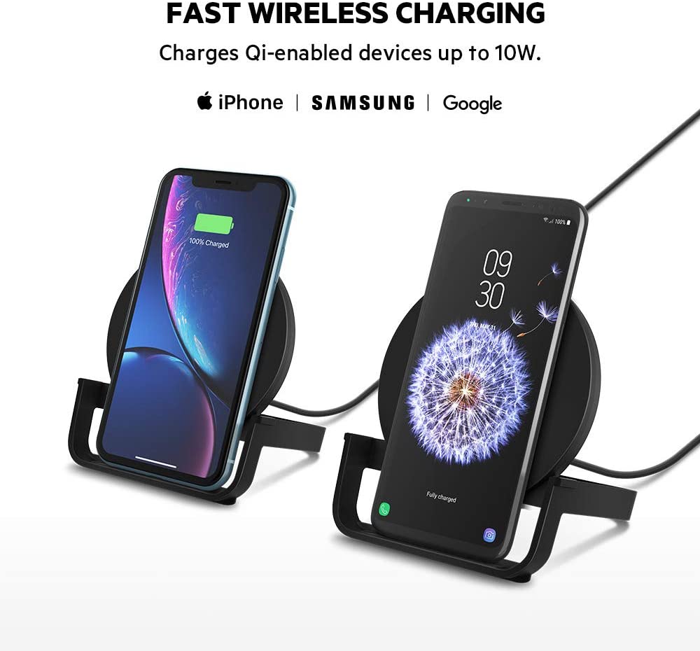 Belkin BoostCharge 10W Fast Wireless Charging Stand, Includes QuickCharge 3.0 Wall Charger and Cable, Case Compatible for iPhones, Galaxy, Pixel and Other Qi Enabled Devices (includes AC adapter)