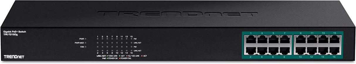 TRENDnet 16-Port Gigabit PoE+ Switch, 16 x Gigabit PoE+ Ports, 246W PoE Power Budget, 32 Gbps Switching Capacity, Desktop Switch, Ethernet Network Switch, Metal, Lifetime Protection, Black, TPE-TG160g