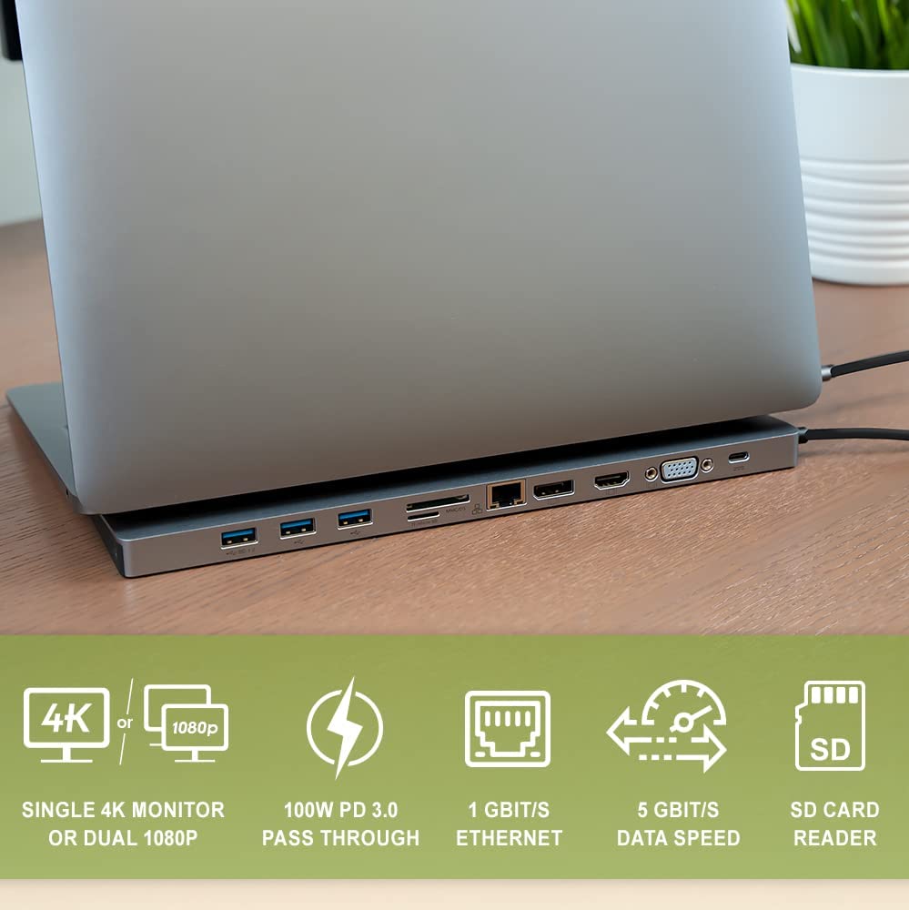 IOGEAR USB-C 8 Port Low Profile Docking Station - 4K@30Hz - 1 HDMI - 1 DisplayPort - 1 VGA - 1 Ethernet - 3 USB 3.0 A Ports - 1 USB-C 100W Charging Only - Card Reader Slot - 1 3.5mm - GUD3C02B Pro 100 Ultra-Slim Station Docking Station