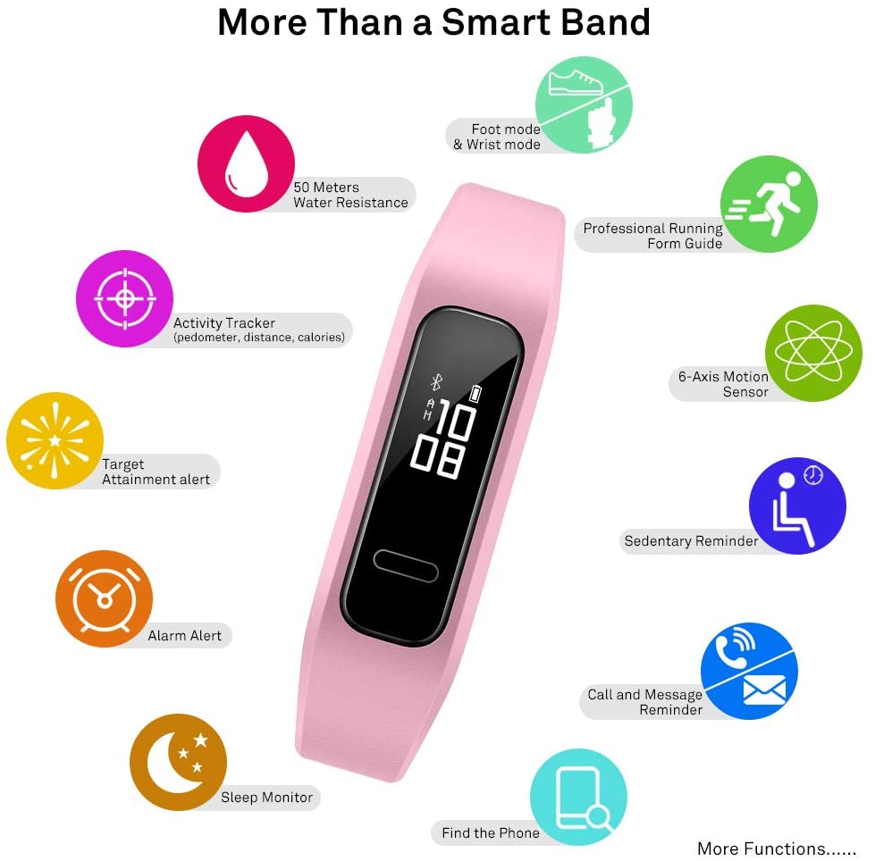 HUAWEI Band 3e Smart Fitness Activity Tracker, Dual Wrist & Footwear Mode, 5ATM Water Resistance for Swim, Professional Running Guidance, Pink, One Size