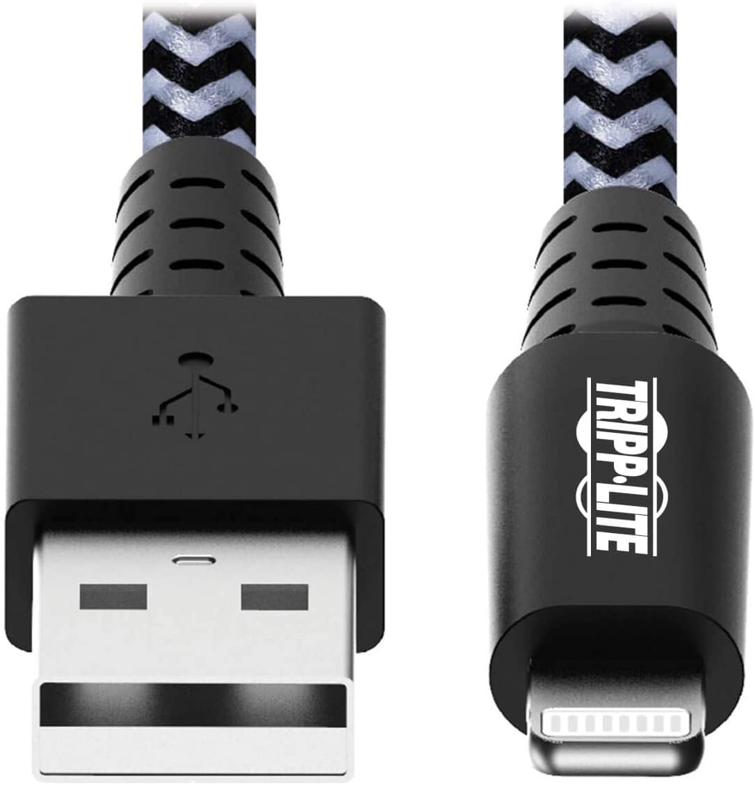 Tripp Lite Heavy Duty USB to Lightning Charging & Data Cable, Heavy Duty with Braided Jacket, MFi Certified for Apple iPhone, iPad & iPod - 6 Feet / 1.8 Meters, 2-Year Warranty (M100-006-HD) Black/White 6 ft. (Heavy Duty)