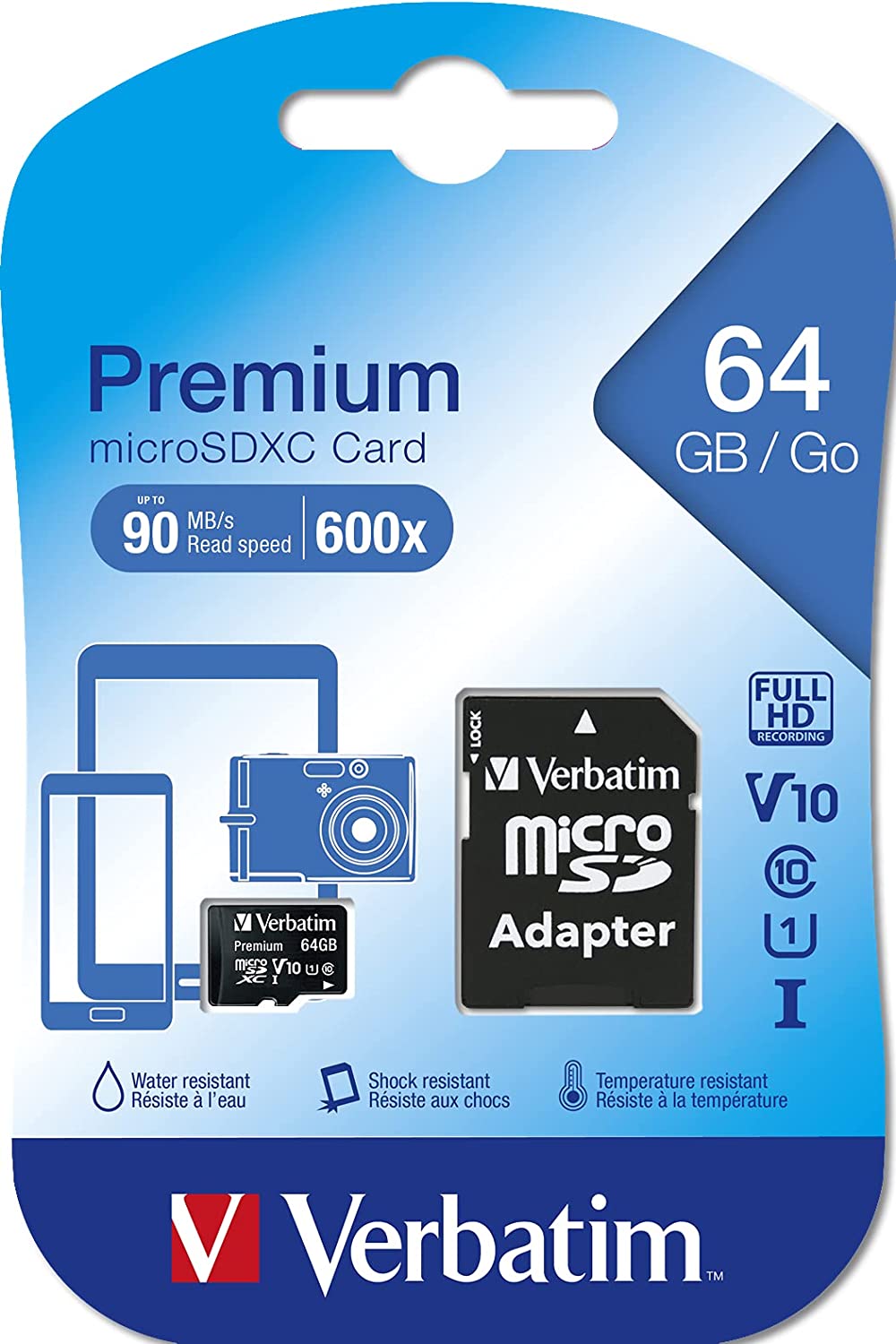 Verbatim 64GB Premium MicroSDXC Memory Card with Adapter, UHS-I V10 U1 Class 10 (44084)