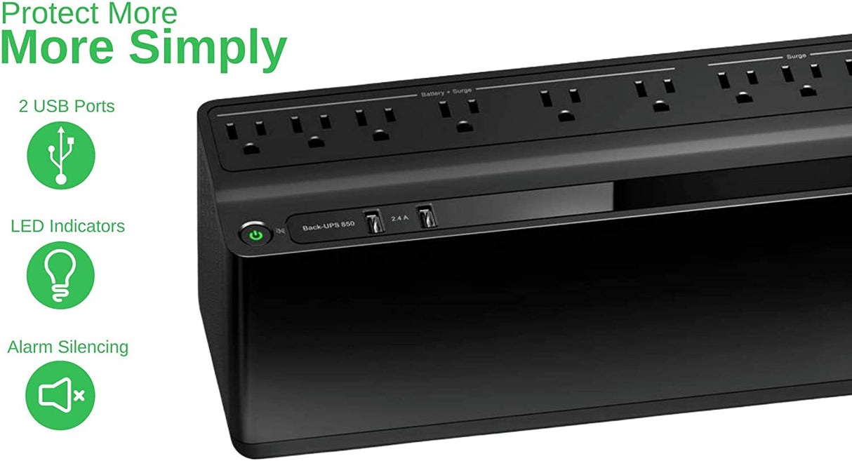 APC UPS Battery Backup and Surge Protector, 850VA Backup Battery Power Supply, BE850G2 Back-UPS with (2) USB Charger Ports 850VA Battery Backup w/USB