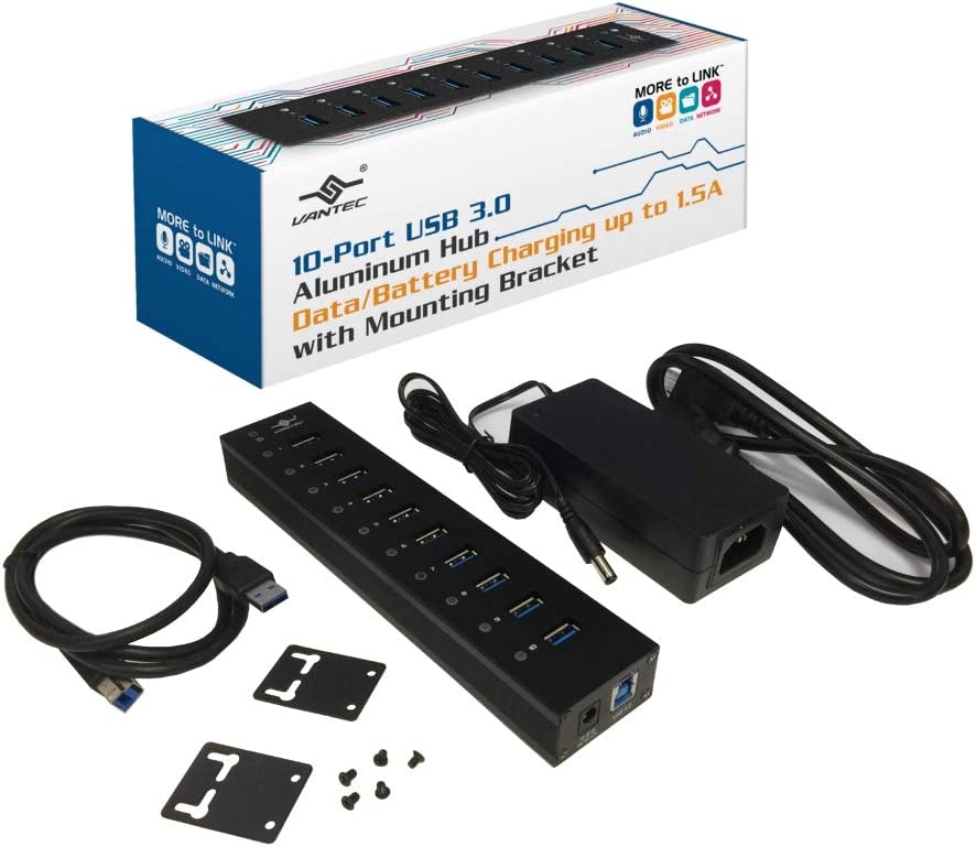 Vantec 10-Port USB 3.0 Hub, Aluminum, Full Powered, Mountable, with All Ports Data & Charging Up to 1.5A, BC 1.2, Premium 12V/5A, 60W Power Adapter (UGT-AH110U3-BK),Black
