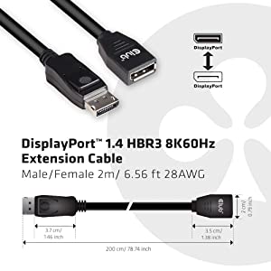 Club3D CAC-1022 DisplayPort to DisplayPort 1.4/Hbr3 Cable DP 1.4 8K 60Hz 2M/6.56ft, Black, Male-Female