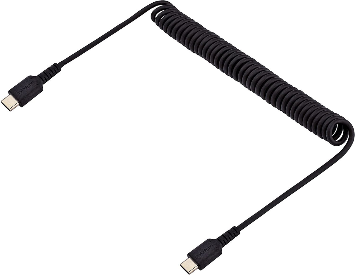 StarTech.com 3ft (1m) USB C Charging Cable, Coiled Heavy Duty Fast Charge & Sync USB-C Cable, USB 2.0 Type-C Cable, Rugged Aramid Fiber, Durable Male to Male USB Cable, Black (R2CCC-1M-USB-CABLE)