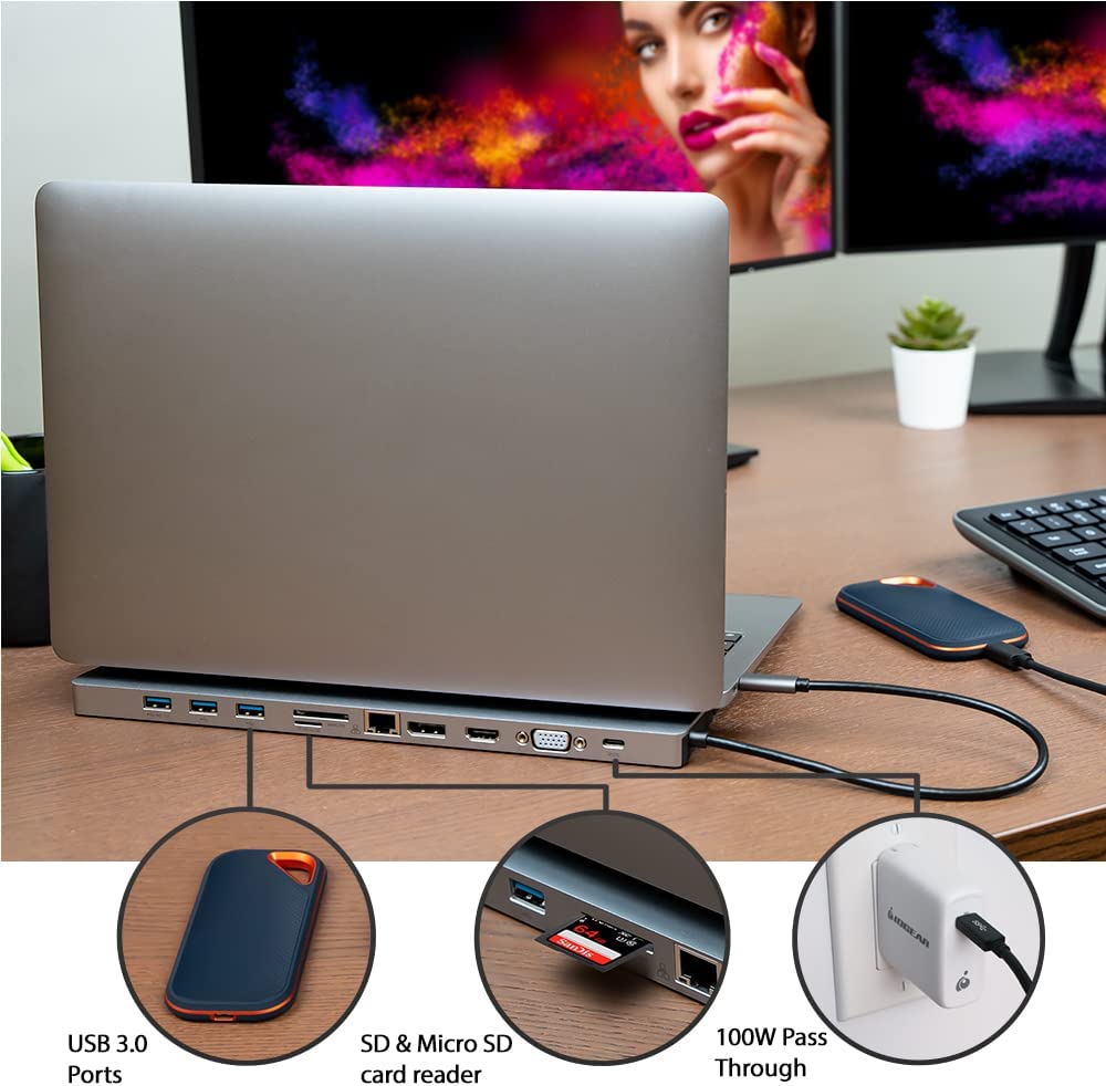 IOGEAR USB-C 8 Port Low Profile Docking Station - 4K@30Hz - 1 HDMI - 1 DisplayPort - 1 VGA - 1 Ethernet - 3 USB 3.0 A Ports - 1 USB-C 100W Charging Only - Card Reader Slot - 1 3.5mm - GUD3C02B Pro 100 Ultra-Slim Station Docking Station