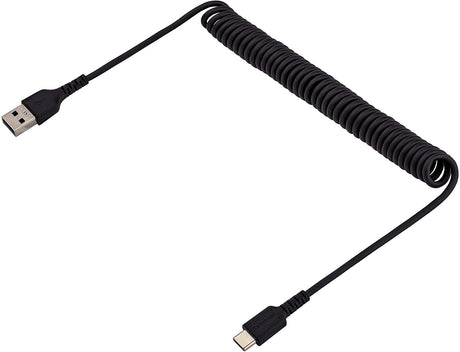 StarTech.com 3ft (1m) USB A to C Charging Cable, Coiled Heavy Duty Fast Charge & Sync USB-C Cable, USB 2.0 A to Type-C Cable, Rugged Aramid Fiber, Durable Male to Male USB, Black (R2ACC-1M-USB-CABLE)
