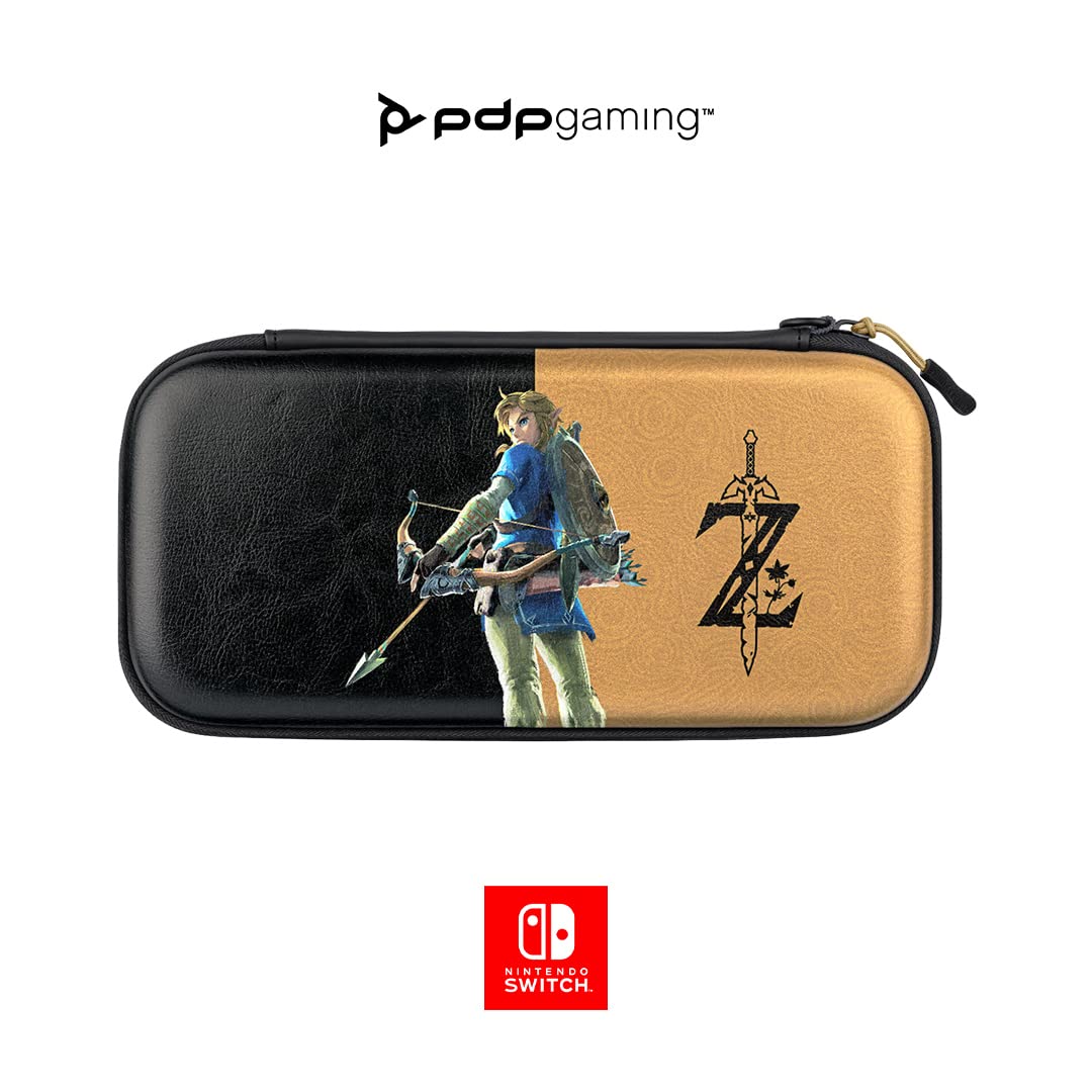 PDP Gaming Officially Licensed Switch Slim Deluxe Travel Case - Zelda Breath of the WIld - Semi-Hardshell - Console Stand - Protective PU Leather - Holds 14 Games - Works with Switch OLED & Lite Hyrule Hero Link