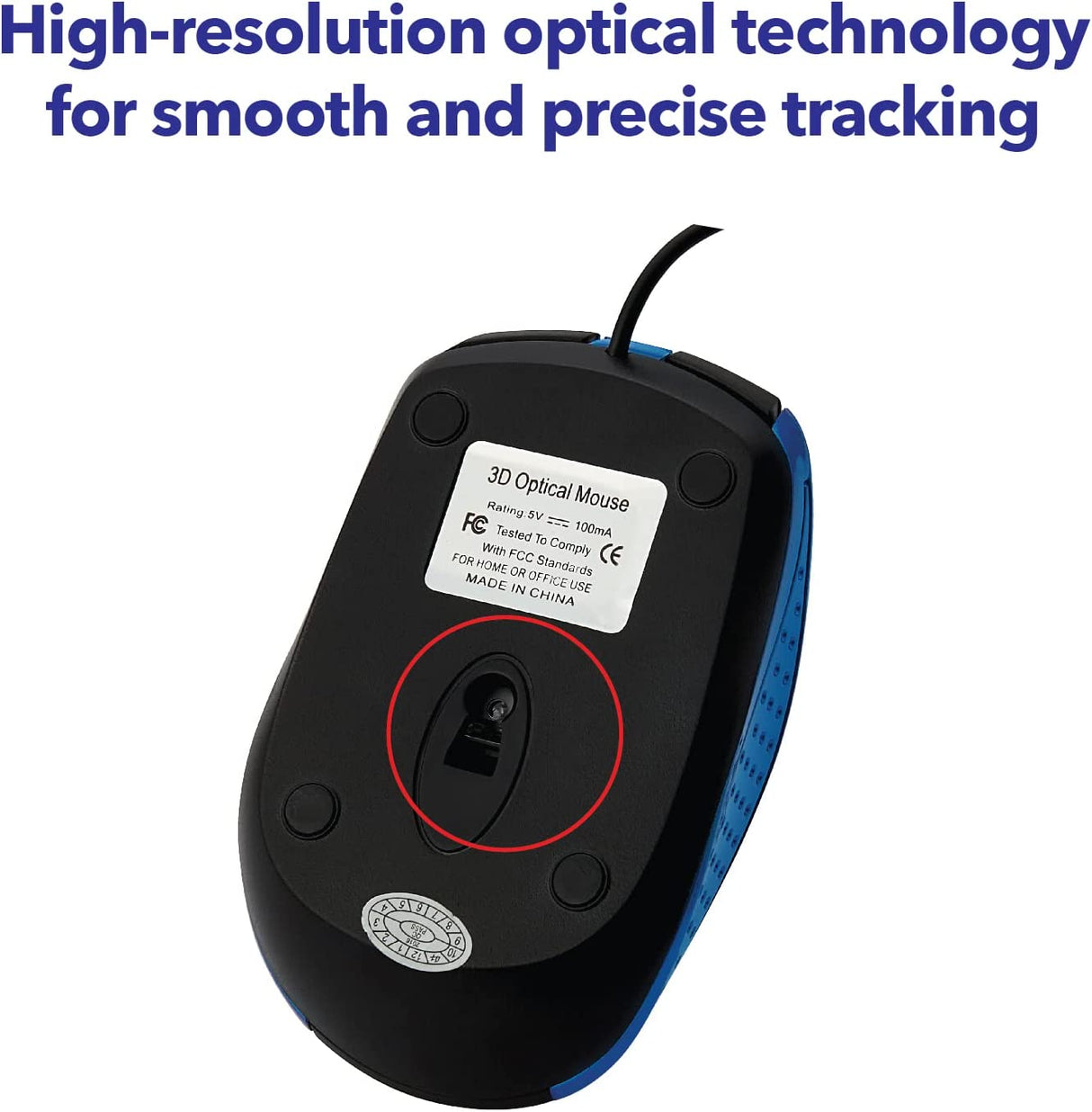 Verbatim Optical Mouse - Wired with USB Accessibility - Mac & PC Compatible - Blue, 1.4" x 2.4" x 3.9"