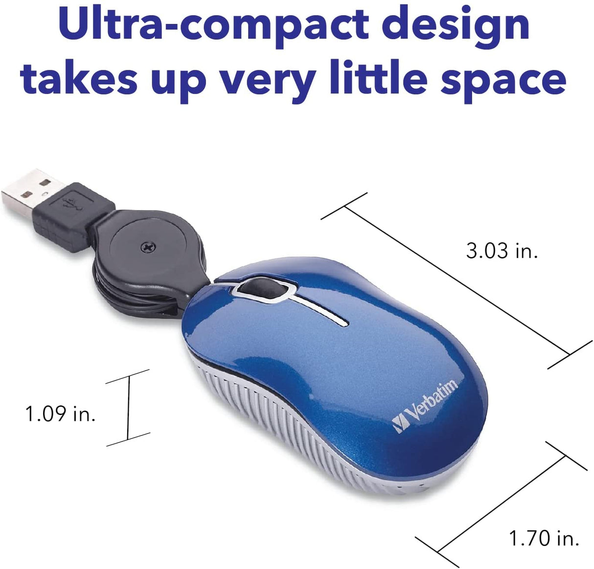 Verbatim USB Corded Mini Travel Optical Wired Mouse for Mac and PC - Commuter Series Blue