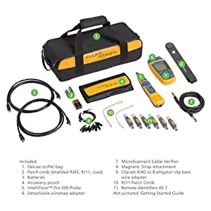 Fluke Networks MS2-KIT MicroScanner2 Copper Cable Verifier Kit, Troubleshoots RJ11, RJ45, Coax, Tests 10/100/1000Base-T, and Voip, Includes IntelliTone Pro 200 & Remote ID Kit MS2-KIT: MS2, Probe, Remote IDs Cables