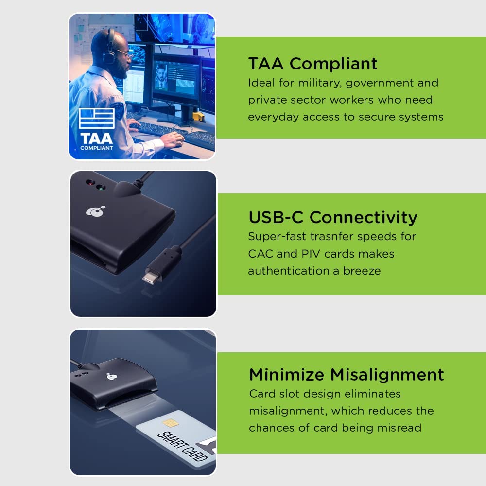 IOGEAR USB-C Common Access CAC Smart Card Reader - DOD - Government - Healthcare - TAA Compliant - Support for V7.x n V8. USAccess Personal Identity Verification (PIV) - Mac OS - Win - Linux- GSR205