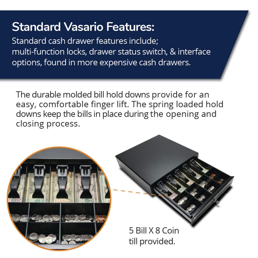 APG Standard- Duty 16” Electronic Point of Sale Cash Drawer | Vasario Series VB320-1-BL1616-B10 | with CD-101A Cable | Printer Compatible | Plastic Till with 5 Bill/ 8 Coin Compartments | Black Printer-Driven 24V (with Cable) - Black 16" - 5x8