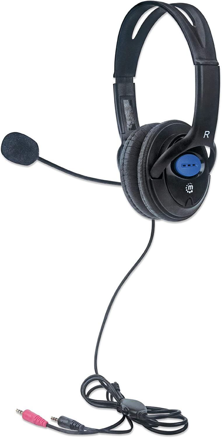 Manhattan Stereo Headset — Lightweight Over-Ear Design, 6 ft. (1.8 m) Connecting Cable and Two 3.5 mm Plugs for Audio and Built-in Adjustable Microphone