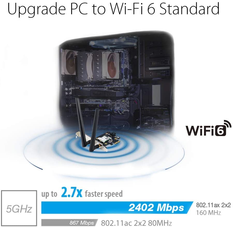 ASUS PCE-AX3000 WiFi 6 (802.11ax) Adapter with 2 External Antennas. Supporting 160MHz for Total Data Rate up to 3000Mbps, Bluetooth 5.0, WPA3 Network Security, OFDMA and MU-MIMO