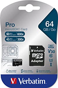Verbatim 64GB Pro 600X microSDXC Memory Card with Adapter, UHS-I V30 U3 Class 10