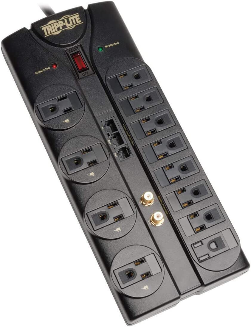 Tripp Lite 12 Outlet Surge Protector Power Strip, 8ft Cord, Right-Angle Plug, Tel/Modem/Coax/Ethernet Protection, RJ11, RJ45, & $250,000 INSURANCE (TLP1208SAT) Black 12 Outlets + Tel/Modem/Coax/Ethernet Outlet