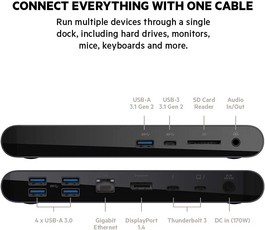 Belkin Thunderbolt 3 Dock Pro w/ 2.6ft Thunderbolt 3 Cable (Thunderbolt Dock for MacOS and Windows) Dual 4K @60Hz, 40Gbps Transfer Speeds, 85W Upstream Charging Thunderbolt Pro Cable