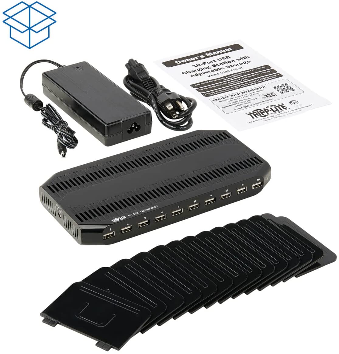 TRIPP LITE 10-Port USB Charging Station Dock with Storage Slots for Tablet iPhone iPad & Laptops (U280-010-ST),Black